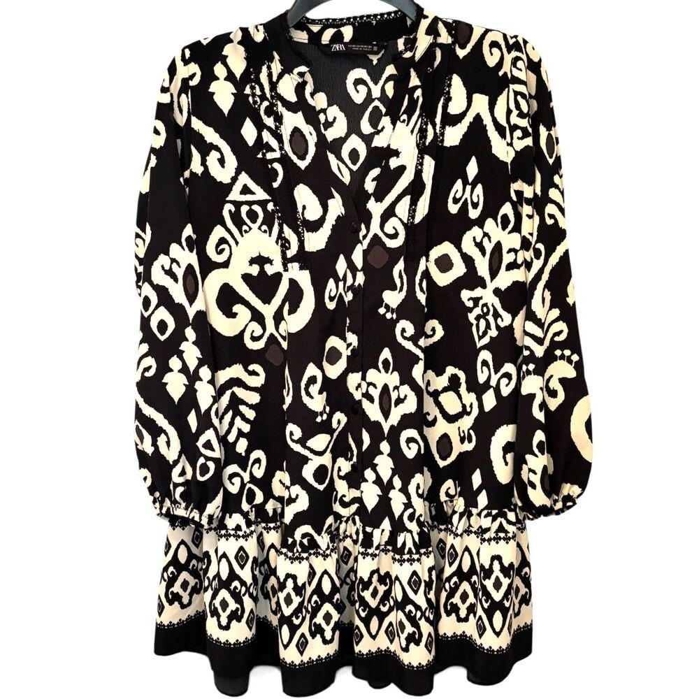 ZARA XS Black Cream Ikat Print Mini Dress Boho Peasant Ruffle Hem - Picture 2 of 10